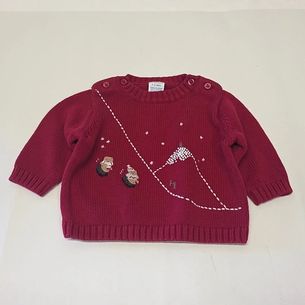 Gymboree Sweater Unisex 3-6 Months Burgundy Embroidered Winter Bear Sledding